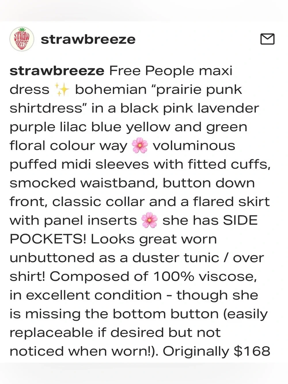 Free people, Maxi floral Bohemian Buttoned Puff Sleeve Black & Pink Dress M